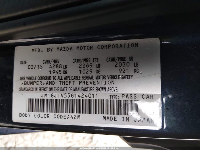 44628998 :رقم المزاد ، JM1GJ1V55G1424011 vin ، 2016 Mazda Mazda6 I Touring مزاد بيع