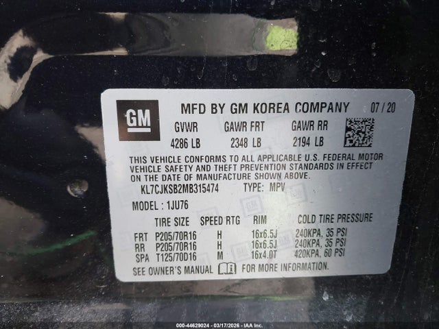 KL7CJKSB2MB315474 Chevrolet Trax Fwd Ls