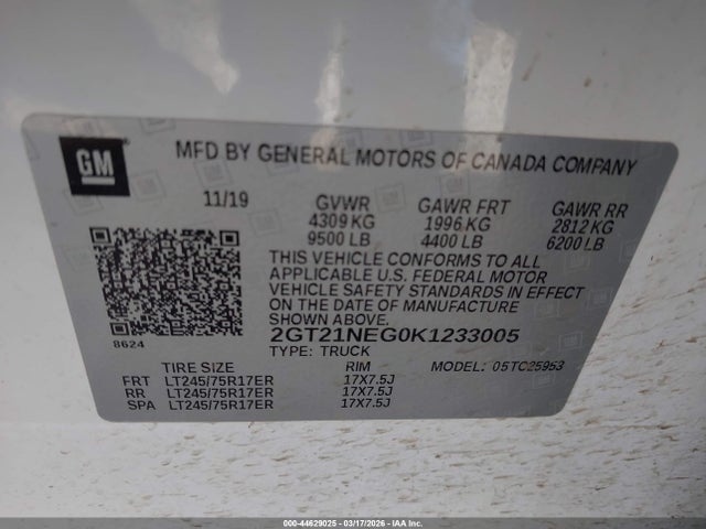Aukcja sprzedaży 2019 Gmc Sierra 2500hd, vin: 2GT21NEG0K1233005, numer aukcji: 44629025