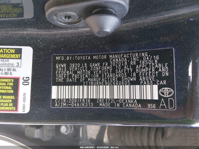 Aukcja sprzedaży 2016 Toyota Corolla Le, vin: 2T1BURHE9GC660605, numer aukcji: 44629061