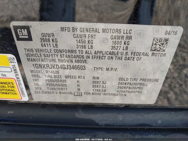 Продаж на аукціоні авто 2016 Chevrolet Traverse Ltz, vin: 1GNKRJKD4GJ346603, номер лоту: 44629086