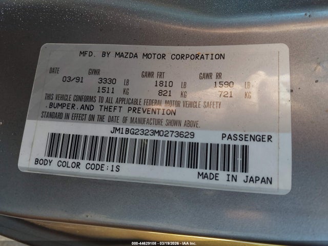 44629108 :رقم المزاد ، JM1BG2323M0273629 vin ، 1991 Mazda 323 Se مزاد بيع