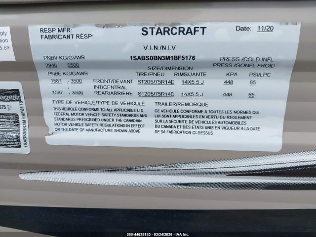 Продаж на аукціоні авто 2021 Starcraft Other, vin: 1SABS0BN3M1BF5176, номер лоту: 44629120