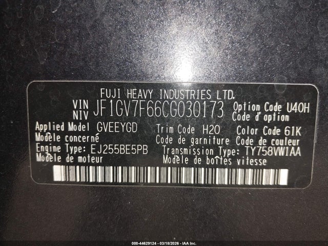 2012 Subaru Impreza Wrx Limited მანქანა იყიდება აუქციონზე, vin: JF1GV7F66CG030173, აუქციონის ნომერი: 44629124