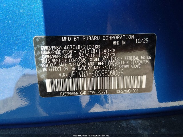 Продажа на аукционе авто 2025 Subaru Wrx Premium, vin: JF1VBAH68S9809068, номер лота: 44629129