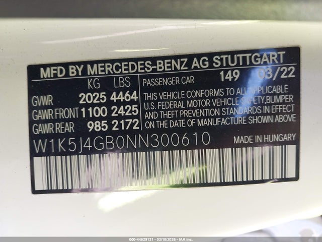 Aukcja sprzedaży 2022 Mercedes-benz Cla 250 Coupe, vin: W1K5J4GB0NN300610, numer aukcji: 44629131