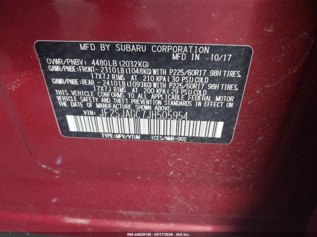 Aukcja sprzedaży 2018 Subaru Forester 2.5i Premium, vin: JF2SJAGC7JH505954, numer aukcji: 44629145