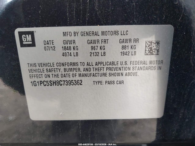 2012 Chevrolet Cruze Ls მანქანა იყიდება აუქციონზე, vin: 1G1PC5SH8C7395362, აუქციონის ნომერი: 44629156