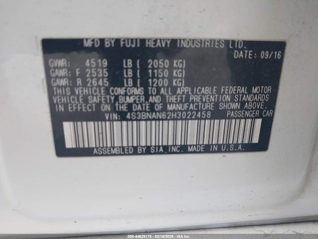 Auction sale of the 2017 Subaru Legacy 2.5i Limited, vin: 4S3BNAN62H3022458, lot number: 44629170