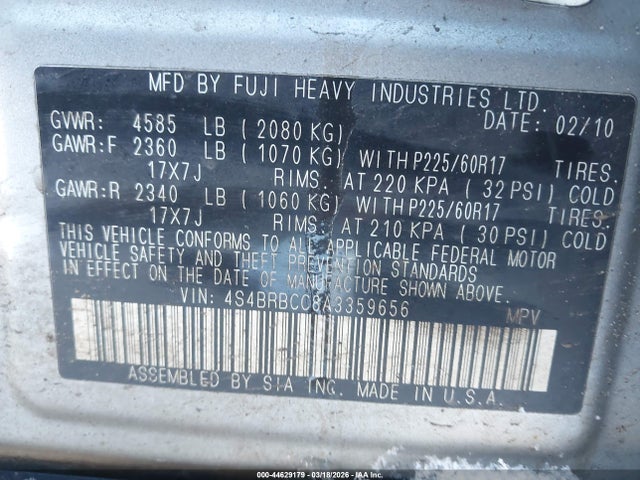 Aukcja sprzedaży 2010 Subaru Outback 2.5i Premium, vin: 4S4BRBCC8A3359656, numer aukcji: 44629179