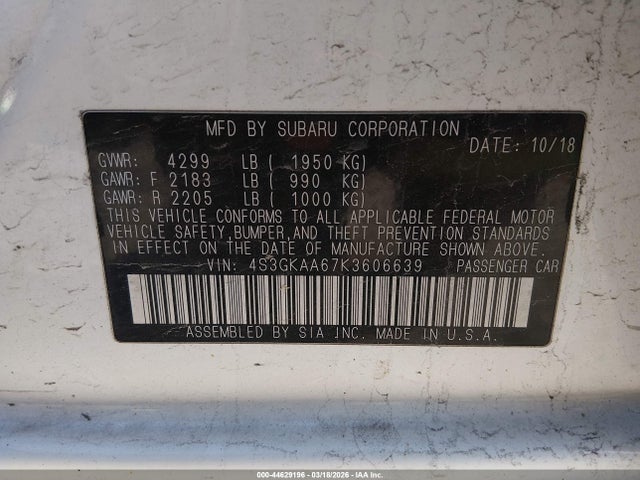 44629196 :رقم المزاد ، 4S3GKAA67K3606639 vin ، 2019 Subaru Impreza 2.0i مزاد بيع