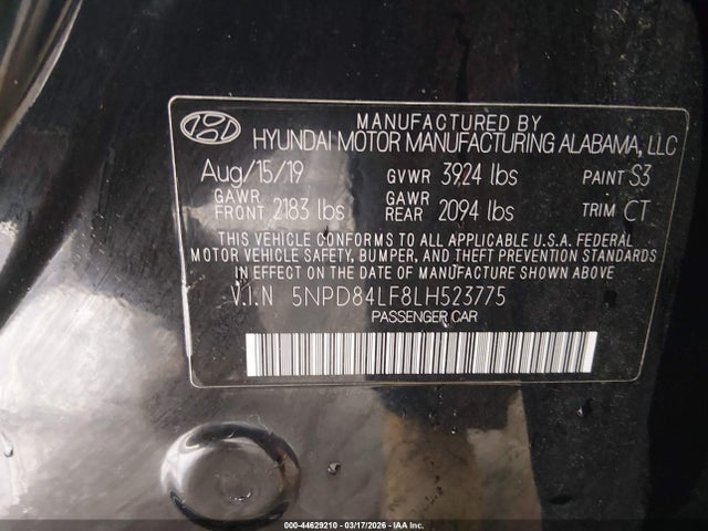 2020 Hyundai Elantra Limited მანქანა იყიდება აუქციონზე, vin: 5NPD84LF8LH523775, აუქციონის ნომერი: 44629210