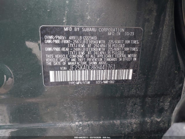 Aukcja sprzedaży 2024 Subaru Forester Premium, vin: JF2SKADC8RH441761, numer aukcji: 44629211