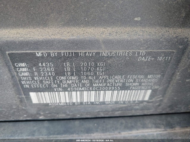 Aukcja sprzedaży 2012 Subaru Legacy 2.5i Premium, vin: 4S3BMBC60C3009955, numer aukcji: 44629234