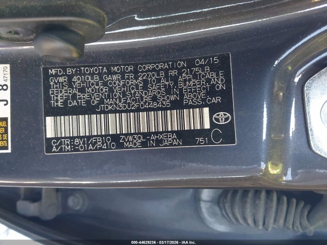 Aukcja sprzedaży 2015 Toyota Prius Two, vin: JTDKN3DU2F0448435, numer aukcji: 44629236