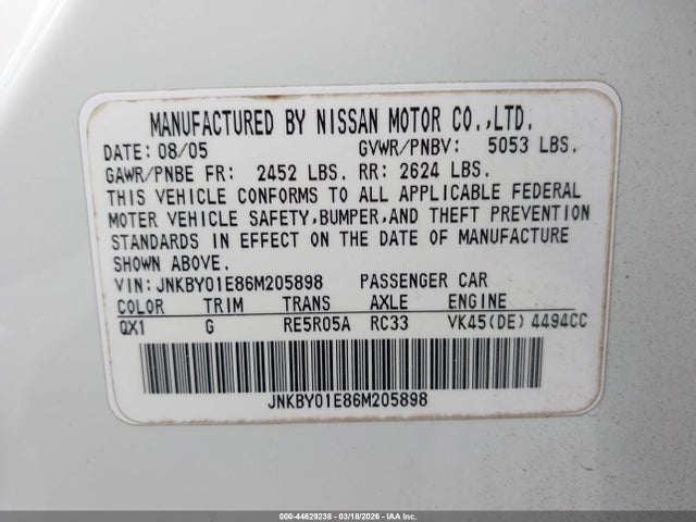 2006 Infiniti M45 მანქანა იყიდება აუქციონზე, vin: JNKBY01E86M205898, აუქციონის ნომერი: 44629238