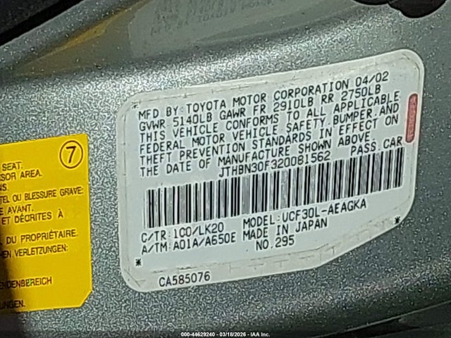 44629240 :رقم المزاد ، JTHBN30F320081562 vin ، 2002 Lexus Ls 430 مزاد بيع