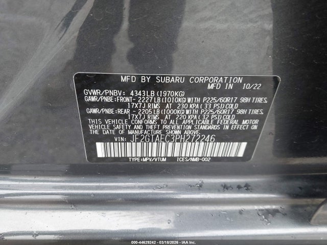 2023 Subaru Crosstrek Premium მანქანა იყიდება აუქციონზე, vin: JF2GTAEC3PH272246, აუქციონის ნომერი: 44629242