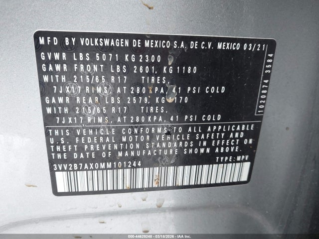 Продаж на аукціоні авто 2021 Volkswagen Tiguan 2.0t Se/2.0t Se R-line Black/2.0t Sel, vin: 3VV2B7AX0MM101244, номер лоту: 44629248