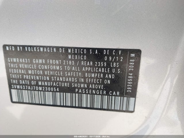 2013 Volkswagen Jetta Hybrid Sel მანქანა იყიდება აუქციონზე, vin: 3VW637AJ7DM230054, აუქციონის ნომერი: 44629251