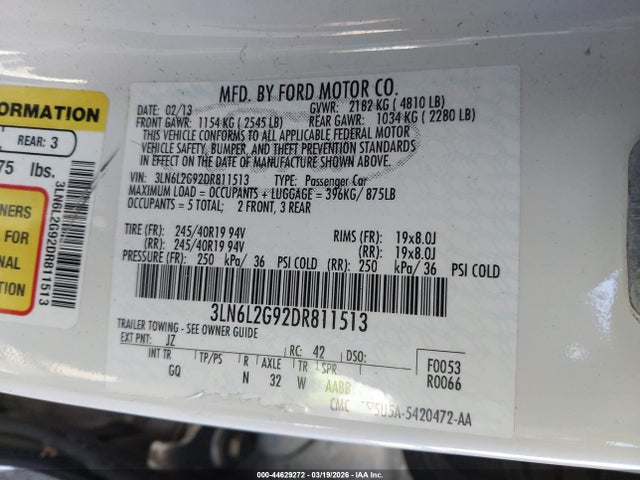 44629272 :رقم المزاد ، 3LN6L2G92DR811513 vin ، 2013 Lincoln Mkz مزاد بيع