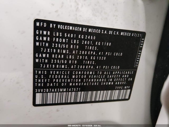 Продаж на аукціоні авто 2021 Volkswagen Tiguan 2.0t Se/2.0t Se R-line Black/2.0t Sel, vin: 3VV2B7AX3MM147571, номер лоту: 44629278