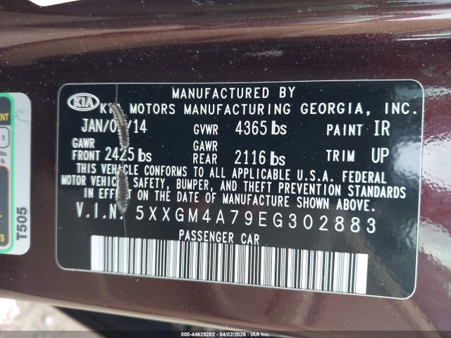 2014 Kia Optima Lx მანქანა იყიდება აუქციონზე, vin: 5XXGM4A79EG302883, აუქციონის ნომერი: 44629282