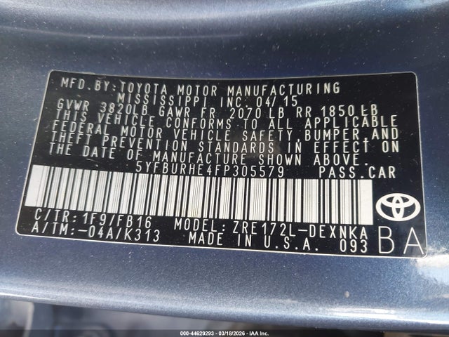 44629293 :رقم المزاد ، 5YFBURHE4FP305579 vin ، 2015 Toyota Corolla Le مزاد بيع