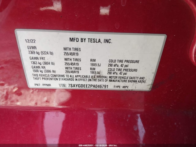 44629301 :رقم المزاد ، 7SAYGDEE2PA046791 vin ، 2023 Tesla Model Y Awd/long Range Dual Motor All-wheel Drive مزاد بيع