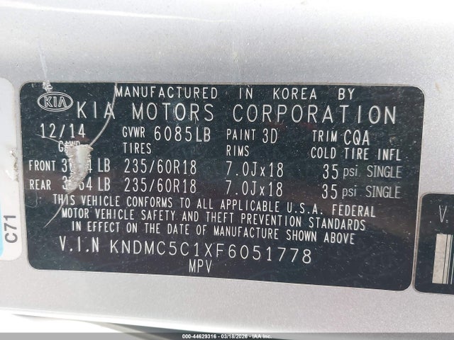 Продажа на аукционе авто 2015 Kia Sedona Ex, vin: KNDMC5C1XF6051778, номер лота: 44629316