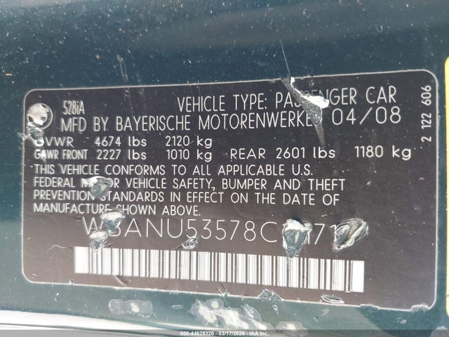 Aukcja sprzedaży 2008 Bmw 528i, vin: WBANU53578C111716, numer aukcji: 44629320