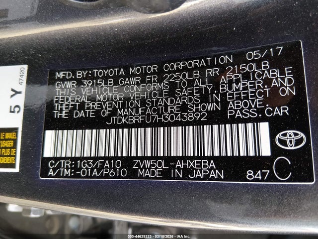 Продаж на аукціоні авто 2017 Toyota Prius Two, vin: JTDKBRFU7H3043892, номер лоту: 44629323