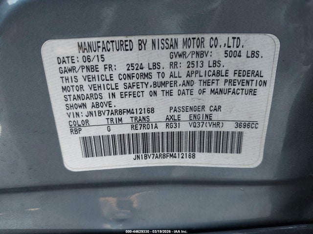 44629330 :رقم المزاد ، JN1BV7AR8FM412168 vin ، 2015 Infiniti Q50 Premium مزاد بيع