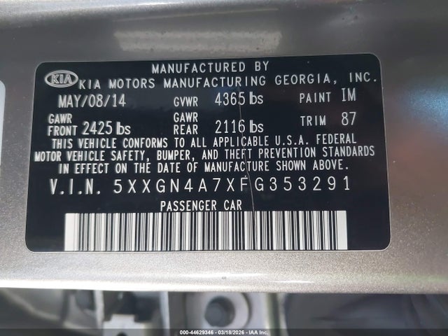 5XXGN4A7XFG353291 KIA OPTIMA EX