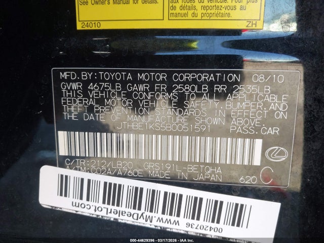 Aukcja sprzedaży 2011 Lexus Gs 350, vin: JTHBE1KS5B0051591, numer aukcji: 44629396