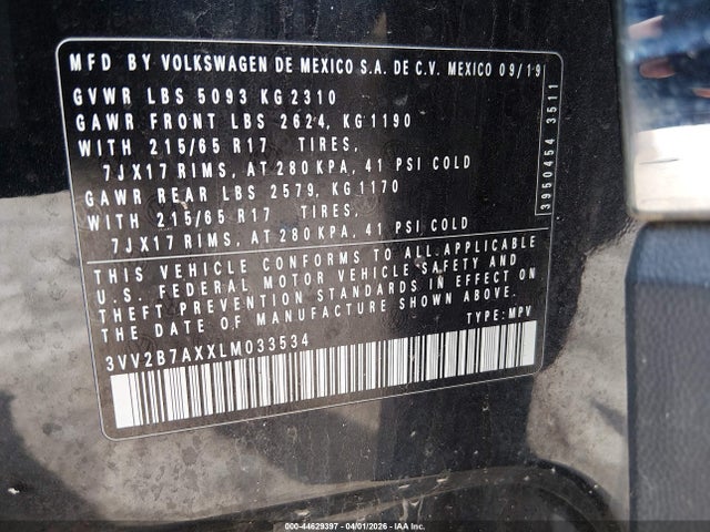 44629397 :رقم المزاد ، 3VV2B7AXXLM033534 vin ، 2020 Volkswagen Tiguan 2.0t Se/2.0t Se R-line Black/2.0t Sel مزاد بيع