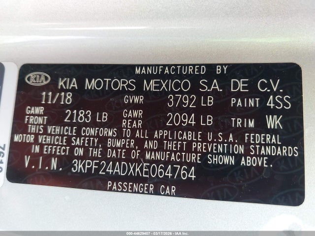 3KPF24ADXKE064764 KIA Forte Lxs