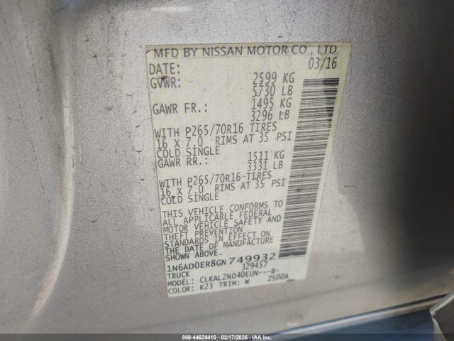 Nissan Frontier Desert Runner/s/sl/sv 2016 1N6AD0ER8GN749932 Image 9