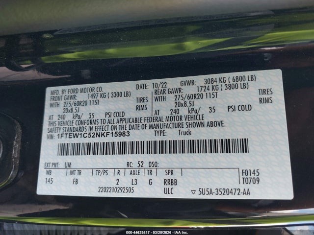 Aukcja sprzedaży 2022 Ford F-150 Xlt, vin: 1FTEW1C52NKF15983, numer aukcji: 44629417