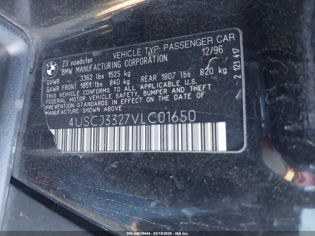 Продаж на аукціоні авто 1997 Bmw Z3 2.8l Roadster, vin: 4USCJ3327VLC01650, номер лоту: 44629444