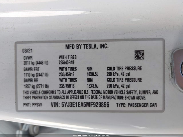 44629448 :رقم المزاد ، 5YJ3E1EA5MF929856 vin ، 2021 Tesla Model 3 Standard Range Plus Rear-wheel Drive مزاد بيع