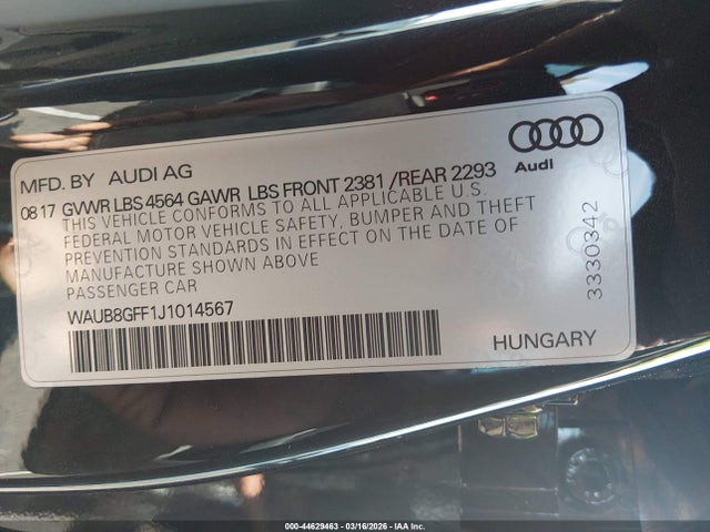 44629463 :رقم المزاد ، WAUB8GFF1J1014567 vin ، 2018 Audi A3 2.0t Premium/2.0t Tech Premium مزاد بيع