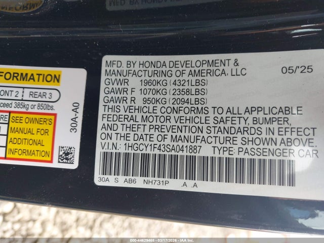 1HGCY1F43SA041887 Honda ACCORD SE