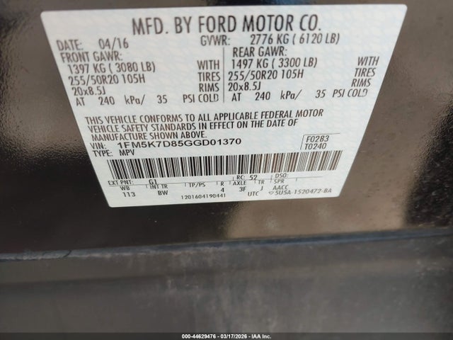 44629476 :رقم المزاد ، 1FM5K7D85GGD01370 vin ، 2016 Ford Explorer Xlt مزاد بيع