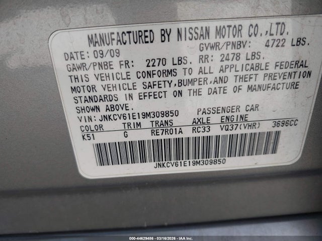 Aukcja sprzedaży 2009 Infiniti G37 Journey, vin: JNKCV61E19M309850, numer aukcji: 44629486