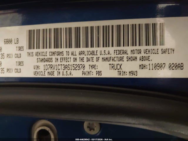 44629542 :رقم المزاد ، 1D7RV1CT3AS152970 vin ، 2010 Dodge Ram 1500 Slt/sport/trx مزاد بيع