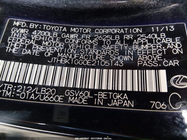 Aukcja sprzedaży 2014 Lexus Es 350, vin: JTHBK1GG0E2105143, numer aukcji: 44629547