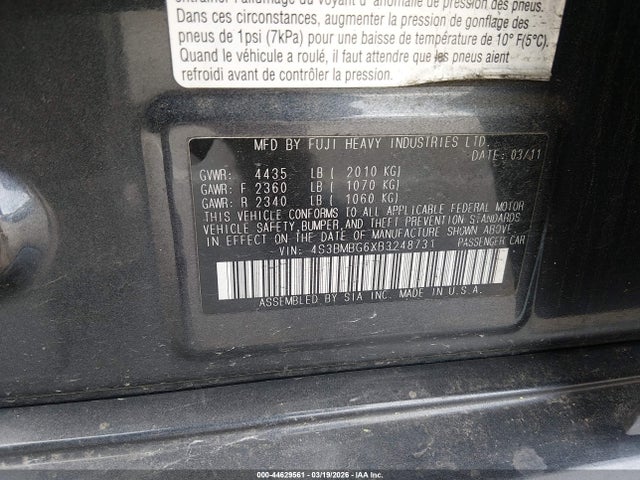 Продаж на аукціоні авто 2011 Subaru Legacy 2.5i Premium, vin: 4S3BMBG6XB3248731, номер лоту: 44629561