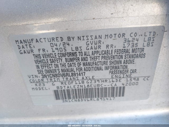 3N1CN8DV6RL891417 Nissan Versa 1.6 S
