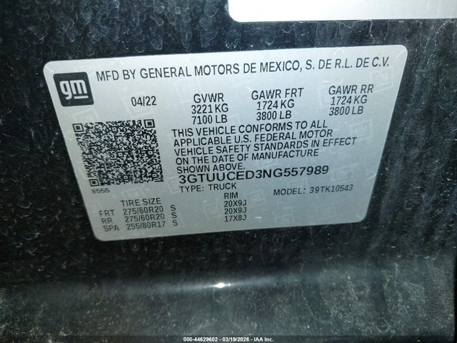 Продаж на аукціоні авто 2022 Gmc Sierra 1500 4wd  Short Box Elevation, vin: 3GTUUCED3NG557989, номер лоту: 44629602